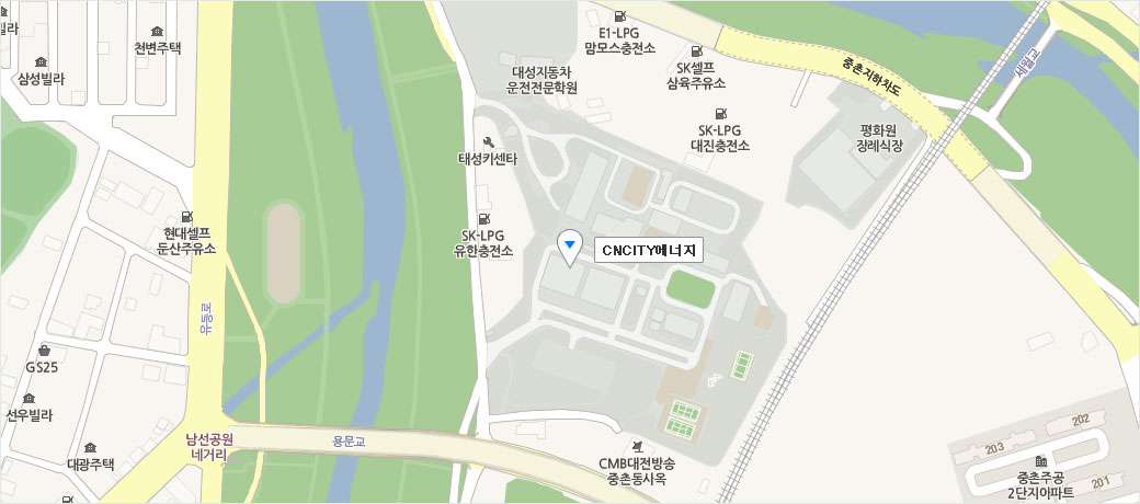 CNCITY 에너지 지도 : 남선공원 네거리에서 용문교를 지나 좌측 CMB대전방송 중촌동 사옥 안쪽에 위치해 있습니다. 근처에 대성자동차 운전전문학원과 평화원 장례식장이 있습니다.